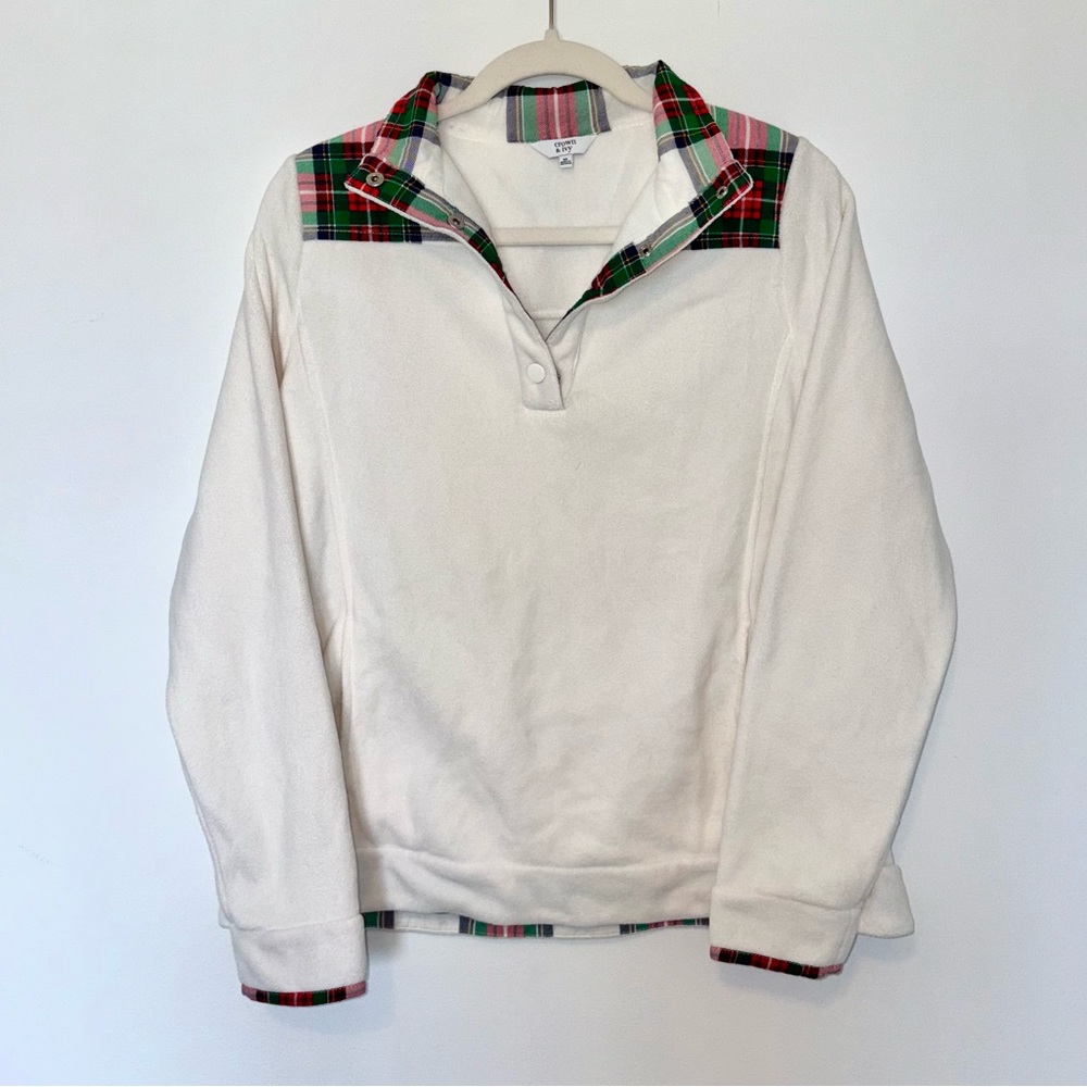 Crown & Ivy Women's Ivory Tartan Plaid Fleece Pullover Jacket Size M Holiday